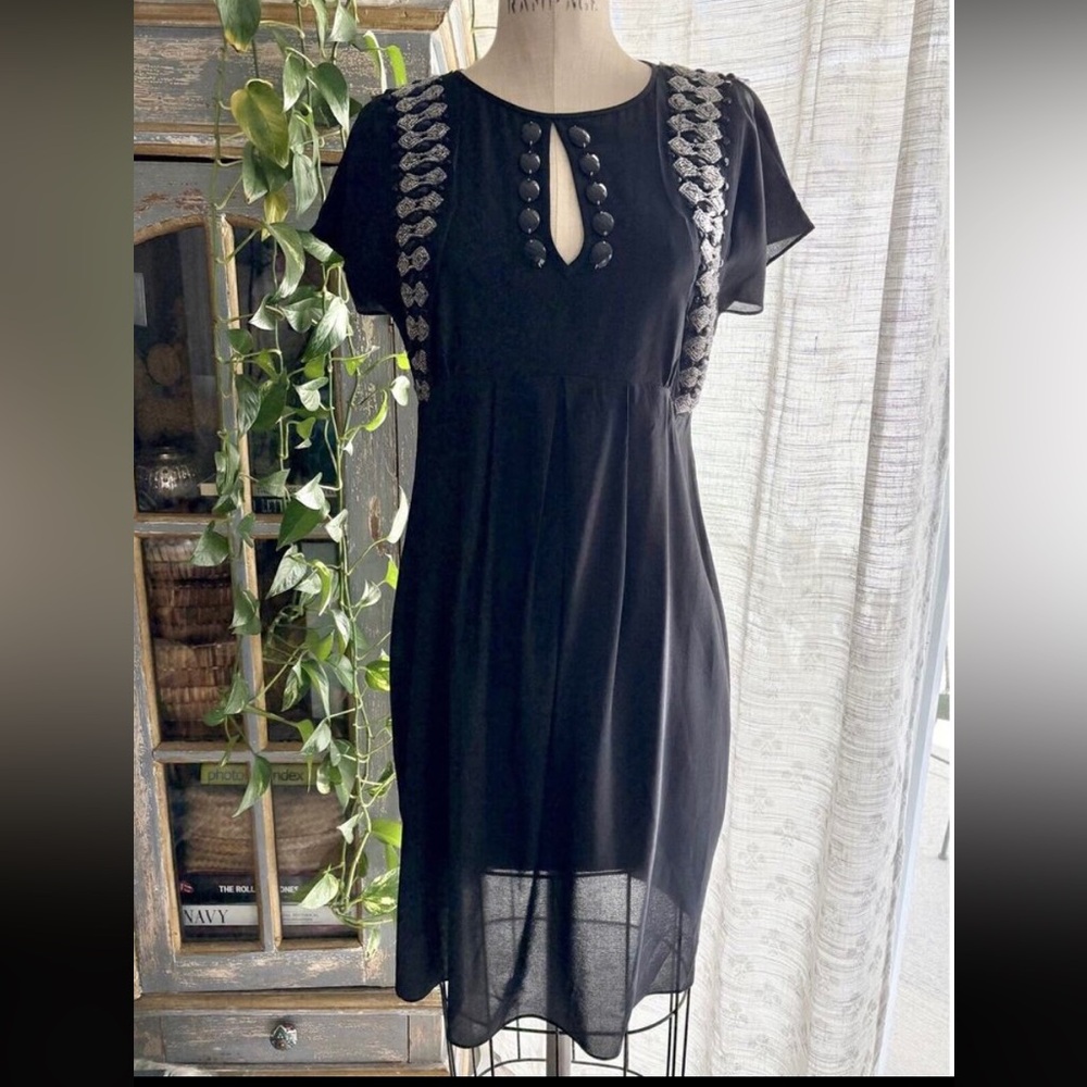 St John Dress Beaded Silk Flutter Sleeves Black Women’s Size Small SoCa